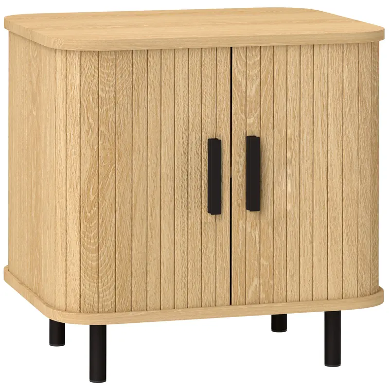 Modern Nightstand with Slatted Sliding Doors, Steel Legs — Oak