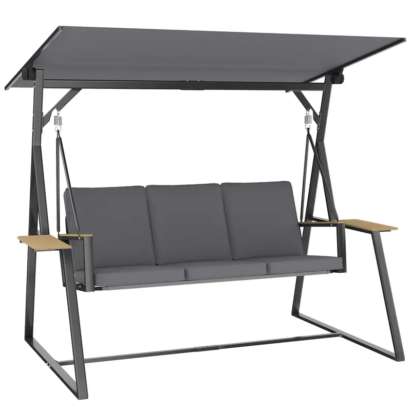 3-Seater Garden Swing Chair with Adjustable UPF50+ Canopy, Cushioned Patio Swing Bench with Side Trays, Metal Frame, 222 x 131 x 175 cm, Charcoal