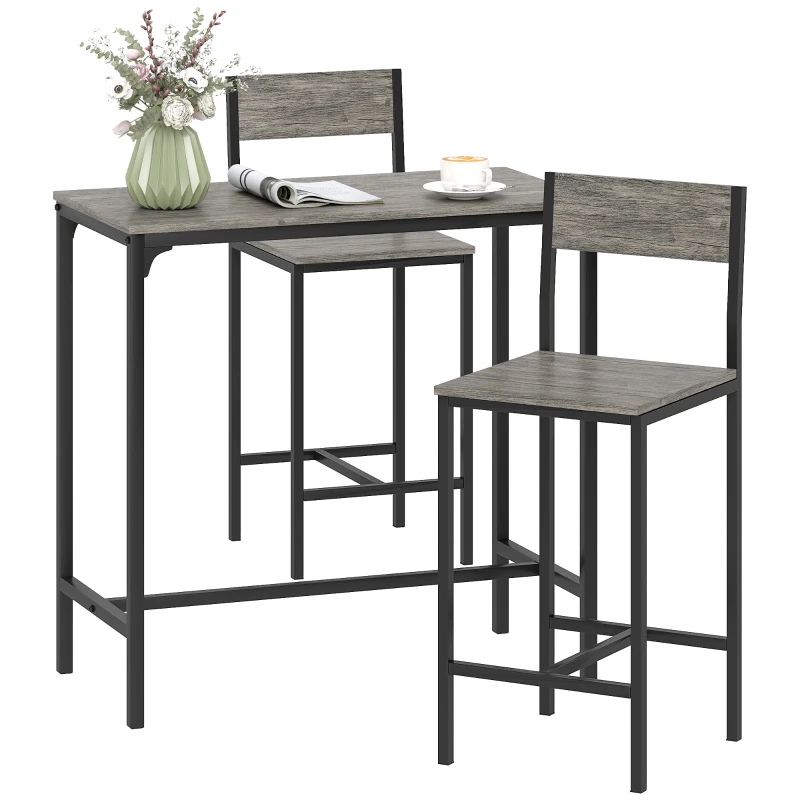 Industrial Bar Table & 2 Stools Set — Metal Frame, Ergonomic Backs & Footrests, Charcoal Gray