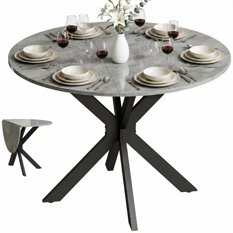 Round Folding Dining Table, Seats 2–6, Steel Spider-Leg Folding Table for Small Spaces, Dining Room, Kitchen, 43.3 x 43.3 x 29.9 in, Cement Gray