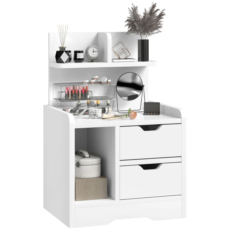 Bedroom Nightstand with 2 Drawers & Open Storage Shelves, Modern Particleboard Side Table for Living Room, Sofa & Bedroom, 15.7 x 11.8 x 23.6 in (Glossy White)