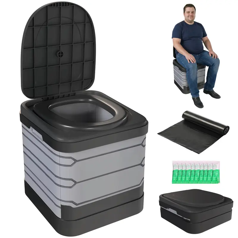 Foldable Travel Camping Toilet – Portable Dry Toilet with 12 Coagulant Sachets & 12 Disposal Bags, Supports up to 330 lb, Gray