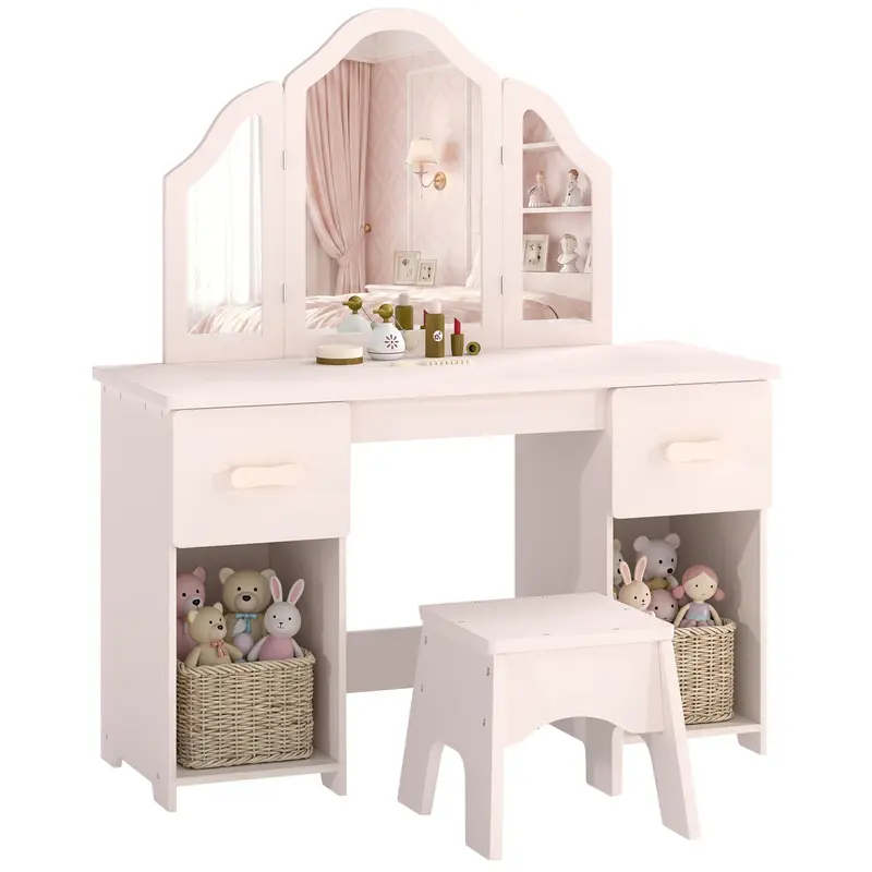 Kids Vanity with Stool and Three-Panel Acrylic Mirror, Makeup Table with 2 Drawers & 2 Cabinets, 7 Accessories — Pink, Ages 3+