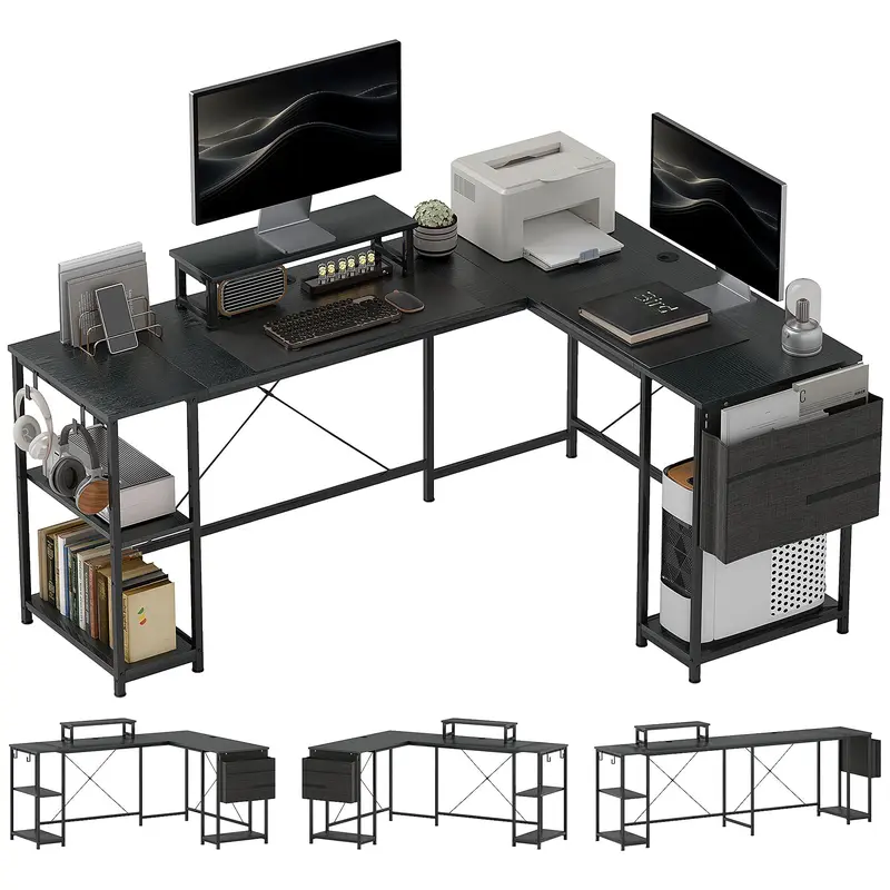 Bureau d'angle modulaire réversible HOMCOM avec rangement, 168–240 cm, noir industriel — étagères réglables, poche de rangement et support écran, pour 2 personnes