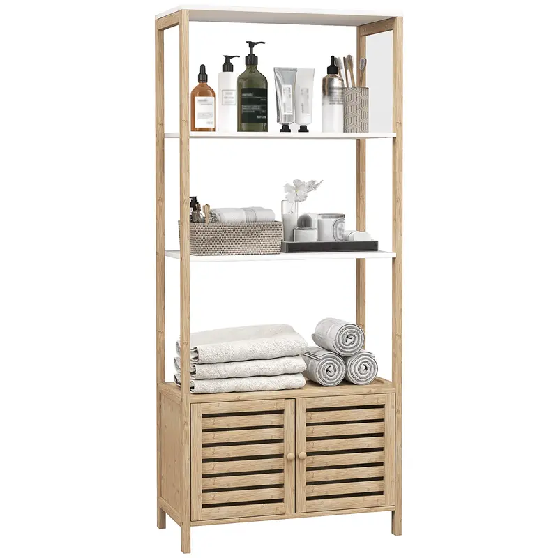 Bamboo Bathroom Shelving Unit with 3 Open Shelves Storage Cabinet with Slatted Doors 63x30x138 cm Natural Wood and White
