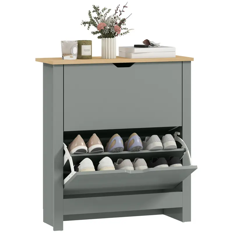 Shoe Cabinet with 2 Flip Drawers – Slim Shoe Rack with Adjustable Divider for up to 12 Pairs, 28.3 x 10.2 x 31.5 in, Light Gray