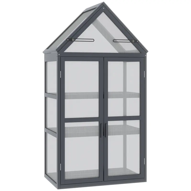 Serre Mini Outsunny 3 Étagères avec Toit Ouvrant et Portes Doubles en Bois Polycarbonate Imperméable Naturel 70,5 x 42 x 132 cm