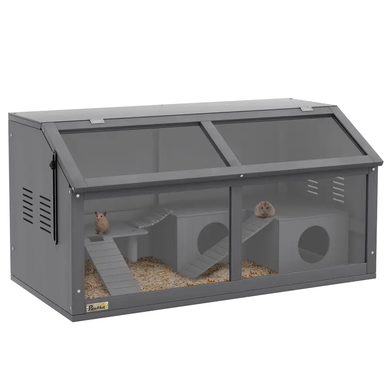 Wooden Dwarf Hamster Cage, 85 x 45 x 44 cm — Small Animal Cage with Top Door, Hanging Bridge, Ladders, House & Feeding Station — Dark Gray
