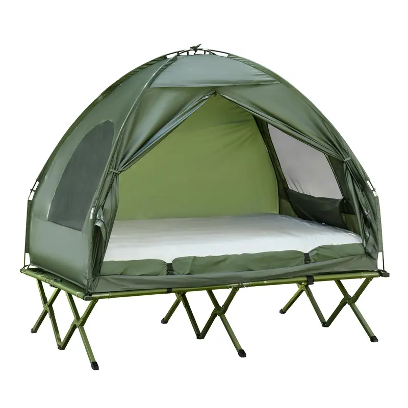 Cot with Tent Elevated Camping Bed with Air Mattress Pump Taffeta Carrying Bag 193 x 136 x 180 cm Guest Bed for 2 Persons up to 160 kg Extra Wide Folding Bed Camping Cot for Outdoor Green