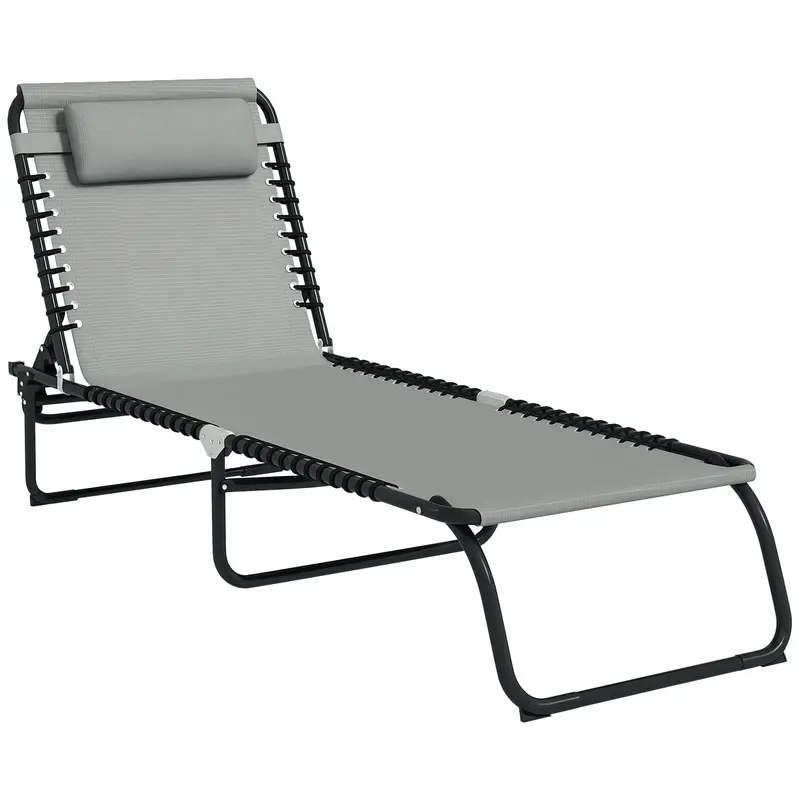 Folding Sun Lounger with 4-Position Adjustable Backrest and Head Cushion, Weather-Resistant Chaise Lounge for Camping, Garden, Beach & Pool — Light Gray, Up to 265 lb