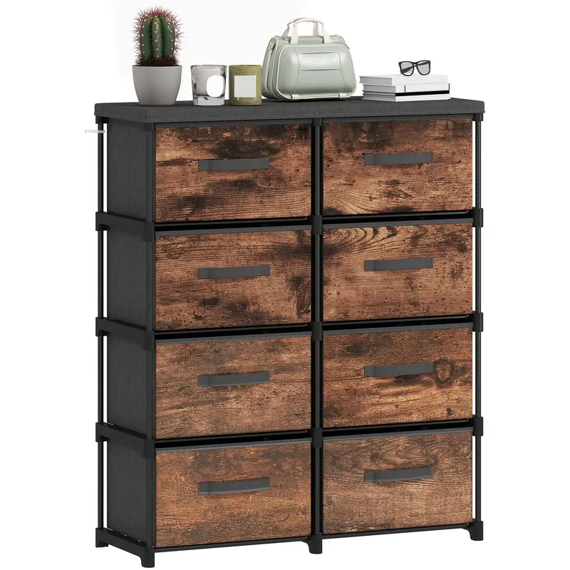 Space-Saving 8-Drawer Fabric Dresser, Industrial Metal Frame for Bedroom, Bath & Living Room — Rustic Brown, 33.3 x 12.0 x 39.4 in