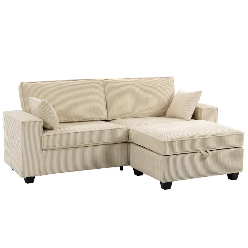 L-Shaped 3-Seater Corner Sofa with Storage Ottoman, Corduroy Upholstery, Wide Seating & 2 Cushions — Beige