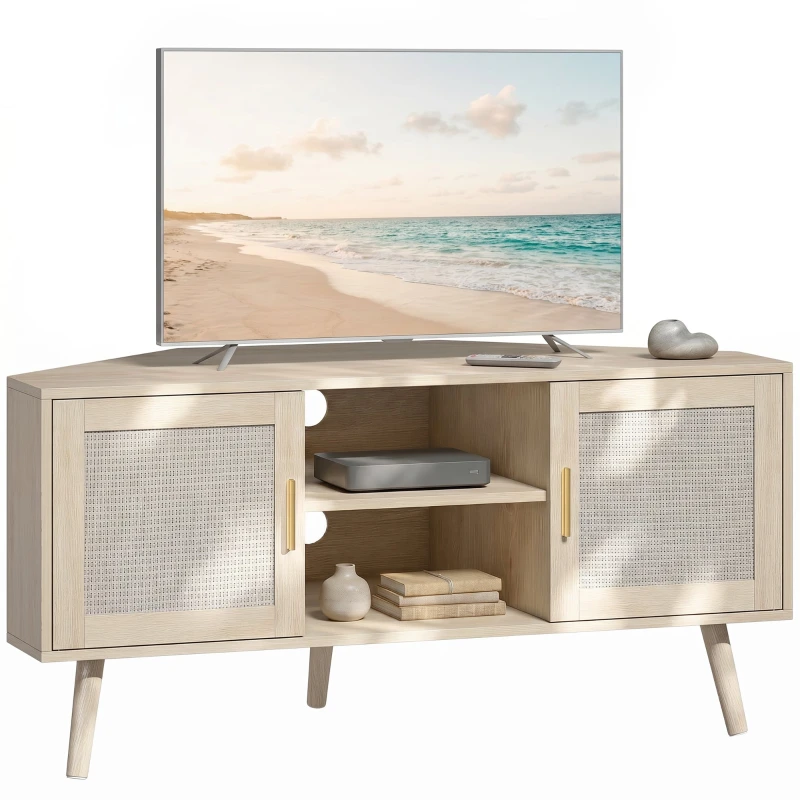 Corner TV Stand, 45.3 in (115 cm) — TV Bench for TVs up to 65-inch with 2 Rattan Doors & 2 Open Compartments, Pine Legs, Boho Oak Finish — Living Room/Bedroom