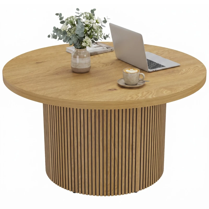 Round Wood-Effect Coffee Table with Fluted Pedestal — Modern Style, 31.5 x 31.5 x 17.7 in (80 x 80 x 45 cm)