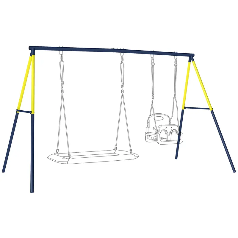 Kids Swing Set Steel A-Frame for 2 Swings, Nest & Rope, Outdoor Playground Frame, Supports Up to 150kg, Backyard Patio Garden, Blue