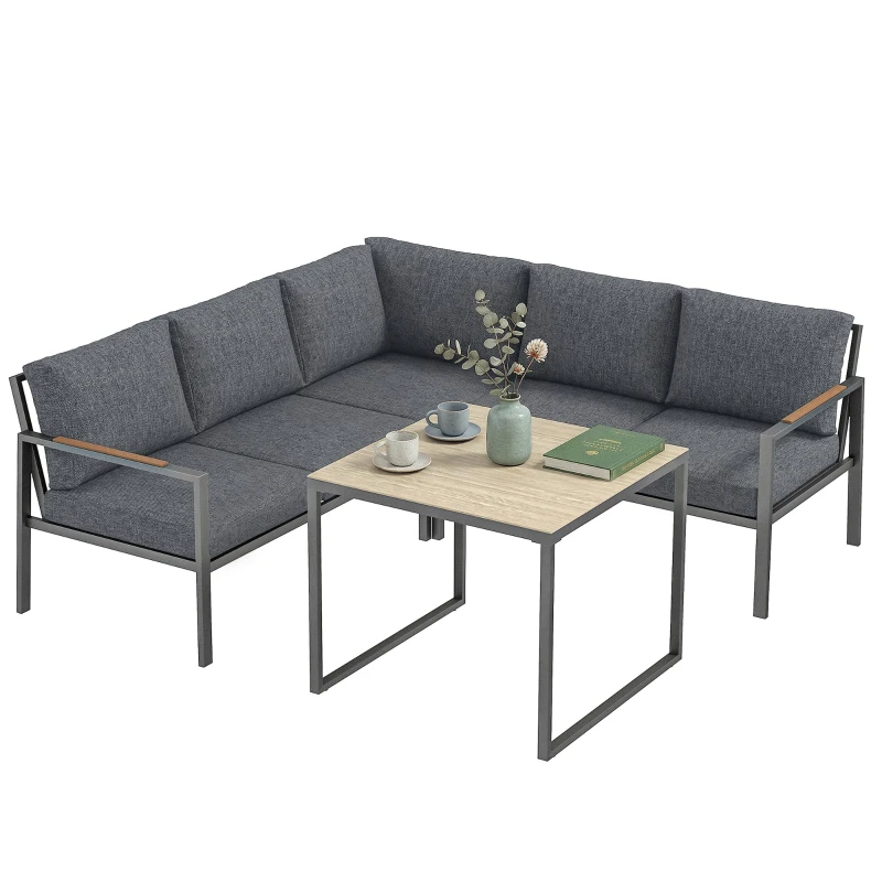3-Piece L-Shaped Outdoor Sofa Set for 5 — Thick Removable Cushions & Glass-Top Coffee Table, Dark Gray
