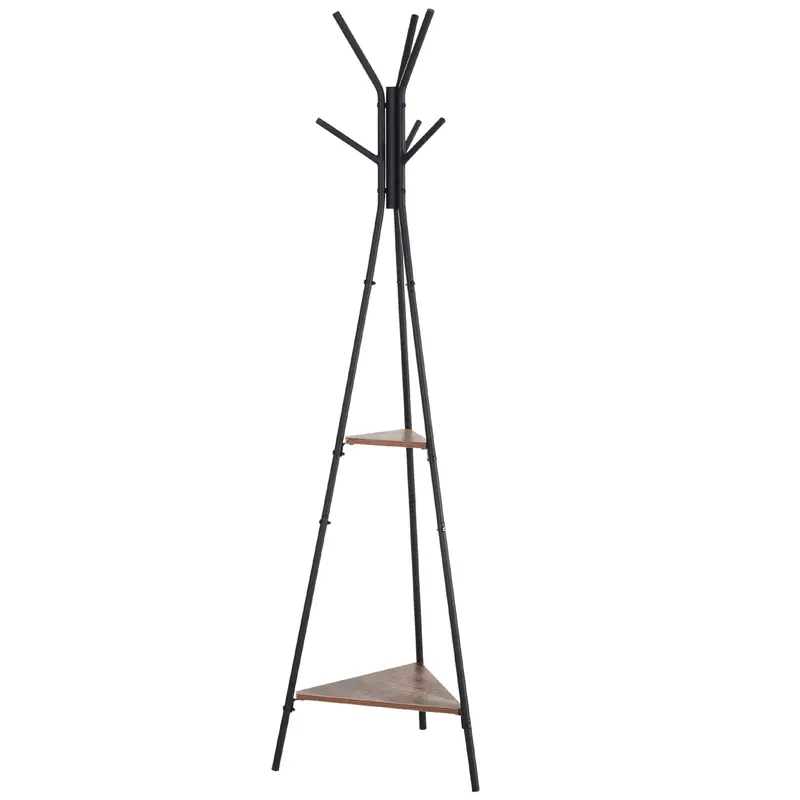 Metal Coat Rack Tree-Shaped Coat Rack for Hanging Clothes Bags Hat 6 Hooks with 2 Shelves 32.5x45.5x182cm