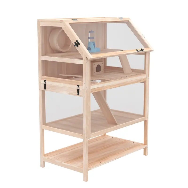 3-Level Wooden Hamster Cage, 31.5 x 20.9 x 46.1 in (80 x 53 x 117 cm) — Small Animal Cage with Removable Base, Storage Shelf, Silent Wheel, Ramps, Water Bottle & House — Natural Wood
