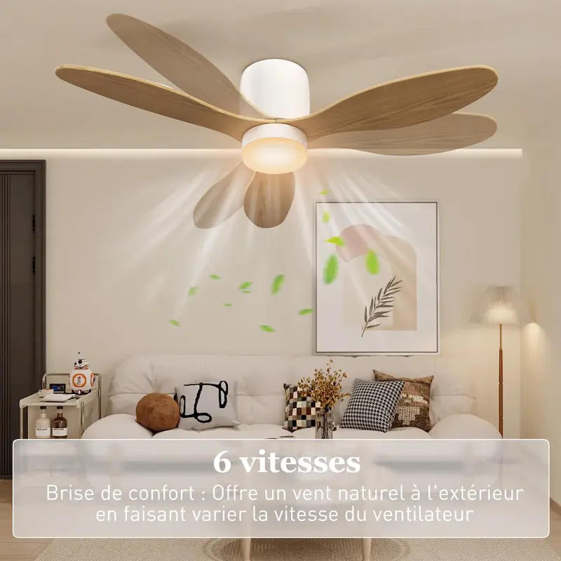 Ceiling Fan with Light and Remote Control 50W, Silent and Reversible 115cm Ceiling Fan with 3 Blades 6 Speeds Adjustable Brightness Timer, for Bedroom Living Room, Natural Wood