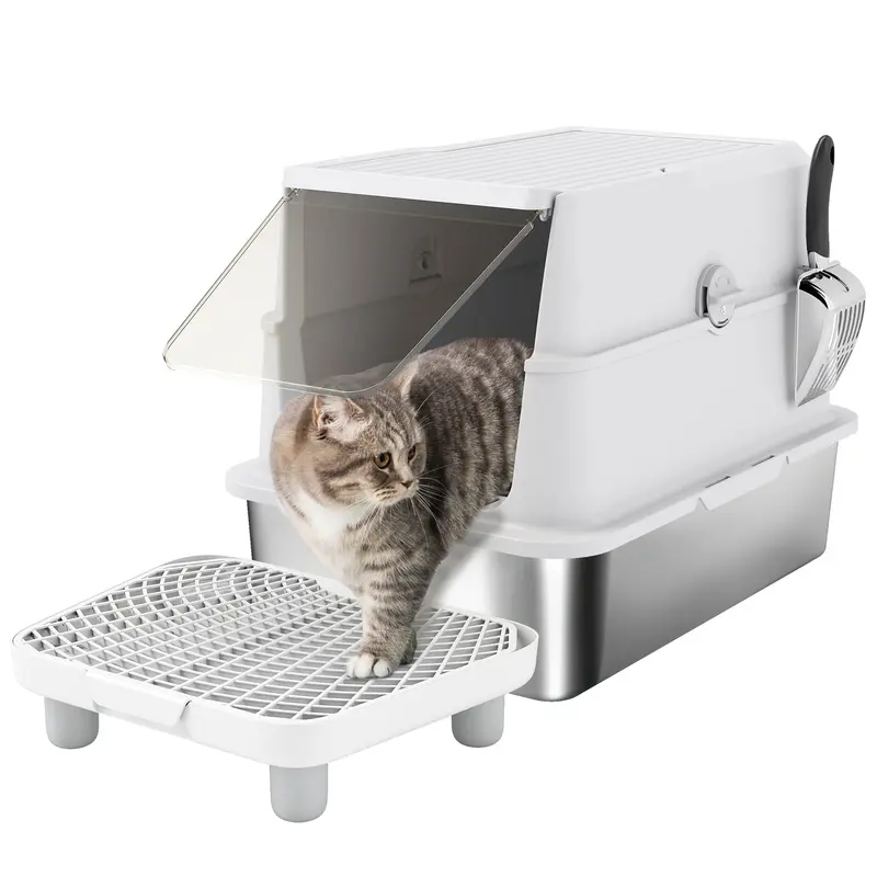 XL Stainless Steel Covered Cat Litter Box with Scoop & Deodorizer — Light Gray