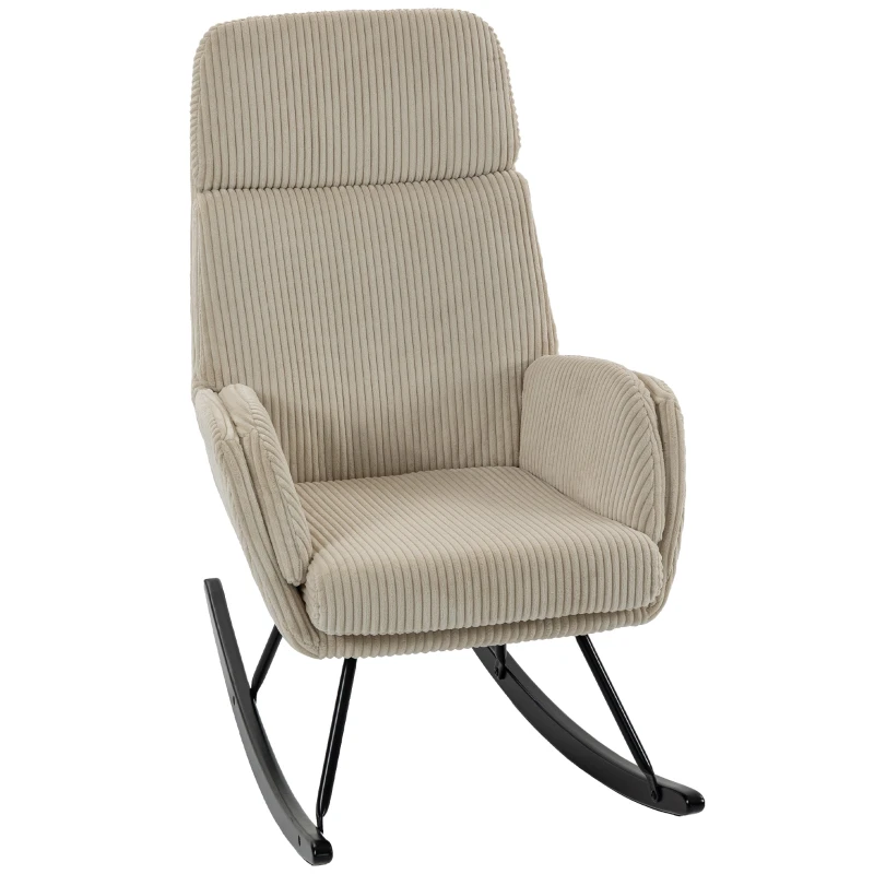 Corduroy Rocking Chair, High-Back Padded Seat with Continuous Armrests, Rubberwood Legs, Modern Rocker for Living Room and Bedroom, Beige