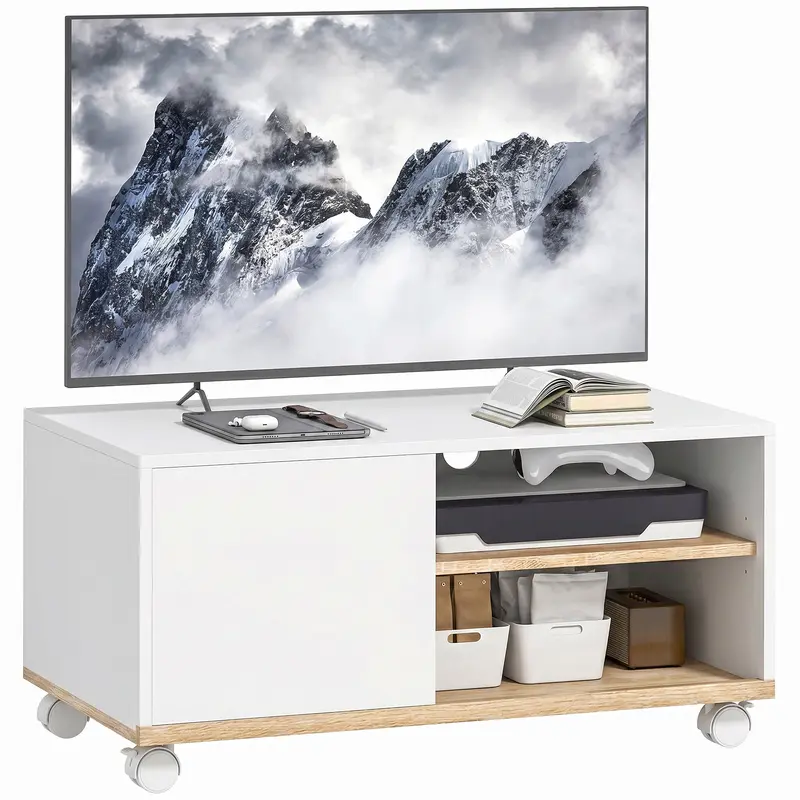 Rolling TV Stand with Cabinet, Cable Management & Adjustable Shelf, Fits TVs up to 32", White & Oak, 31.5 x 17.7 x 16.1 in