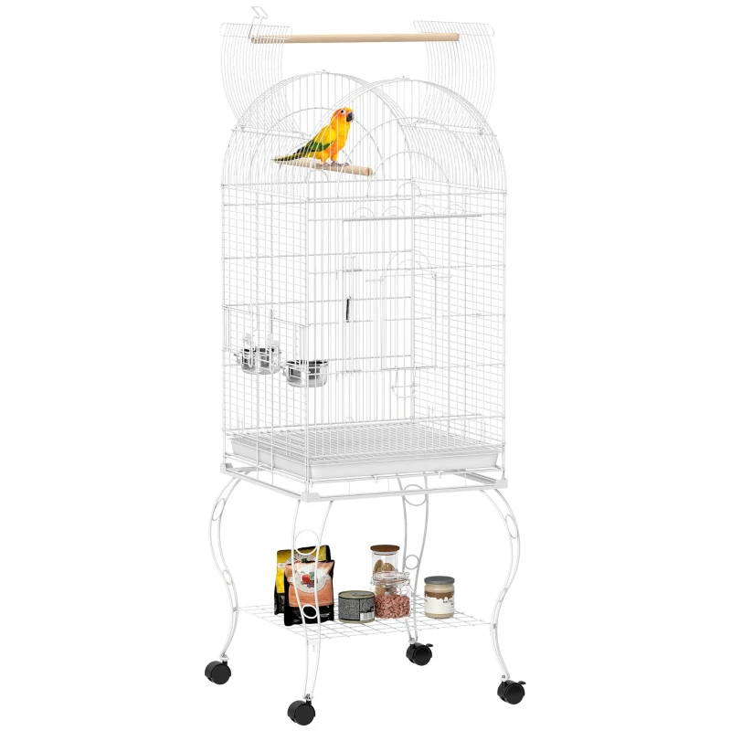 Bird Cage with Wheels and Stand, 51 x 51 x 153 cm (20.1 x 20.1 x 60.2 in) — Large Top-Opening Cage with 2 Feeders, 2 Perches, 4 Doors & Removable Tray, for Parrots & Canaries, White
