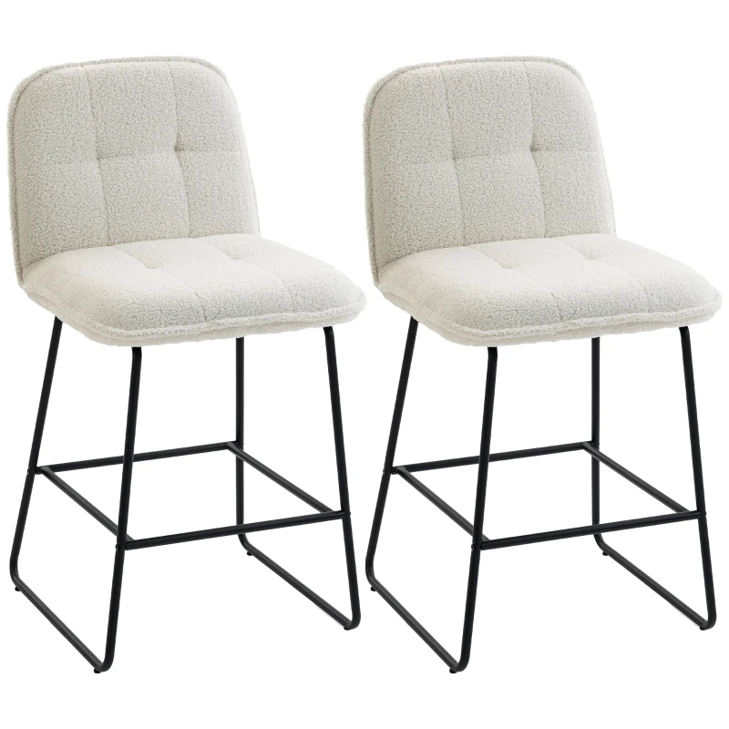 Set of 2 Bouclé Padded Bar Stools — Extra-Wide Seat 20 x 17 in, 26 in Seat Height, Metal Frame, Cream
