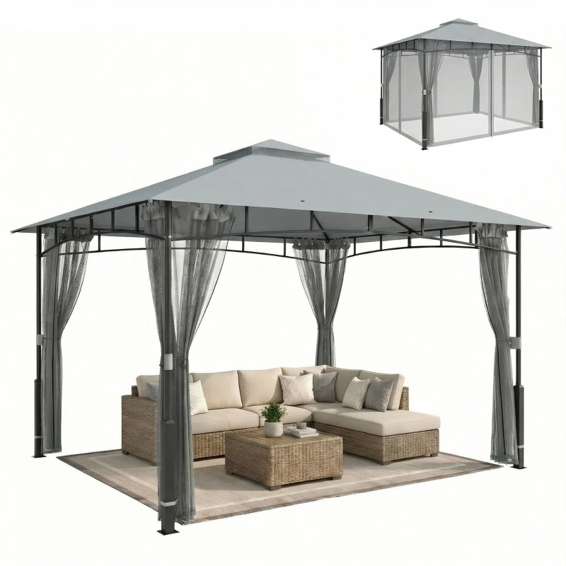 Garden Gazebo 3.6 x 3.0 m (12' x 10') — Double-Roof Pavilion with Mesh Walls, UPF50+, Metal Frame, Outdoor Canopy, Gray