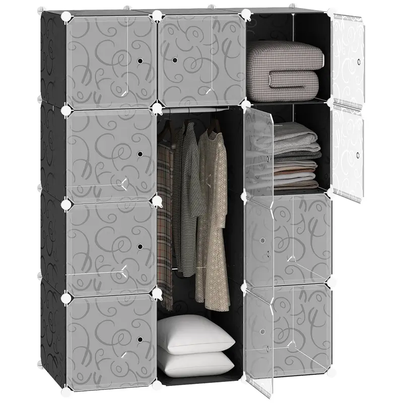 DIY Wardrobe Shelving System with 2 Large and 9 Small Cubes DIY Cube Storage, Shoe Rack, Bookshelf Toy Cabinet Black 111 x 47 x 145 cm