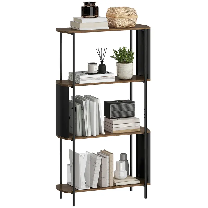 4-Tier Storage Shelf, 4-Shelf Bookcase with Curved Side Panels, Industrial Style Steel Frame Storage Unit for Office, Living Room, Bedroom — 31.5 x 11.8 x 55.5 in (80 x 30 x 141 cm), Brown