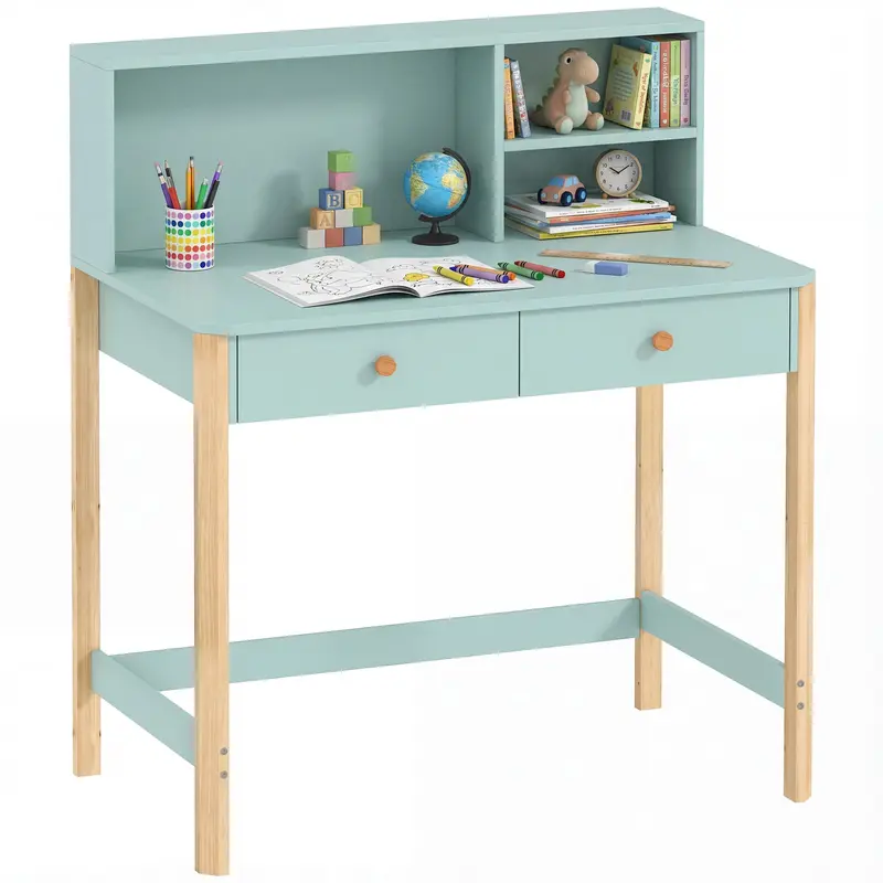 Kids Desk with 3 Open Compartments & 2 Drawers, Pine Legs, for Study/Entry/Bedroom, Ages 5–12 — 35.4×20.5×41.3 in (Green)