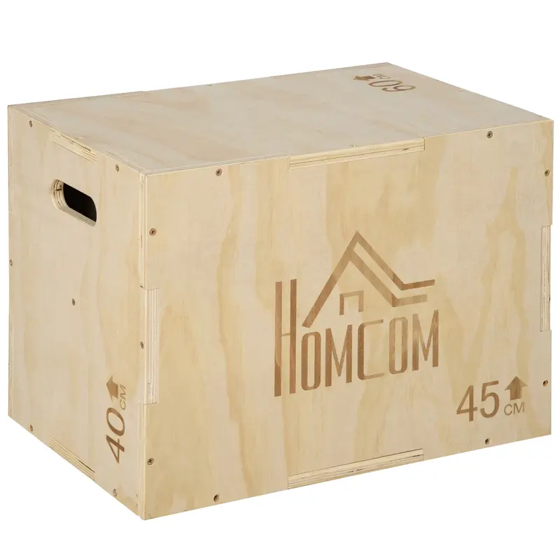3-in-1 Wooden Plyometric Box Jump Box with 2 Hollow Handles Strength Training at Home Office Gym CrossFit Load 120 kg 45x40x60 cm Natural Wood