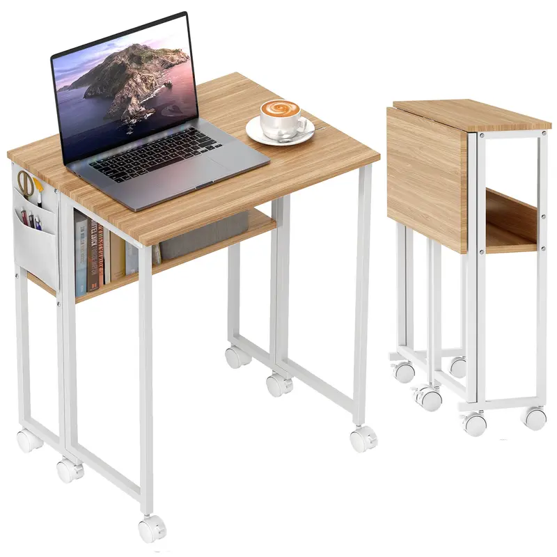 HOMCOM Klapptisch Klein 63 cm Klappbarer Tisch mit Rollen Platzsparender Schreibtisch mit Regal, Aufbewahrungstasche für Home