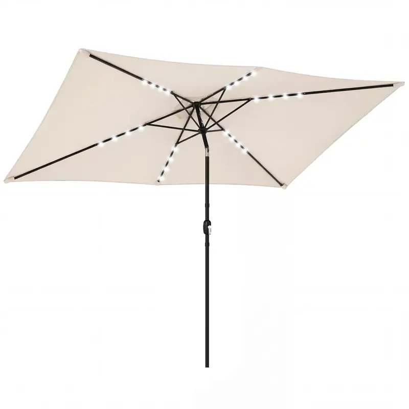 Outdoor Patio Umbrella, 9.5 x 8.2 ft, 24 Solar LED Lights, Tilt Canopy, Metal Pole, Cream