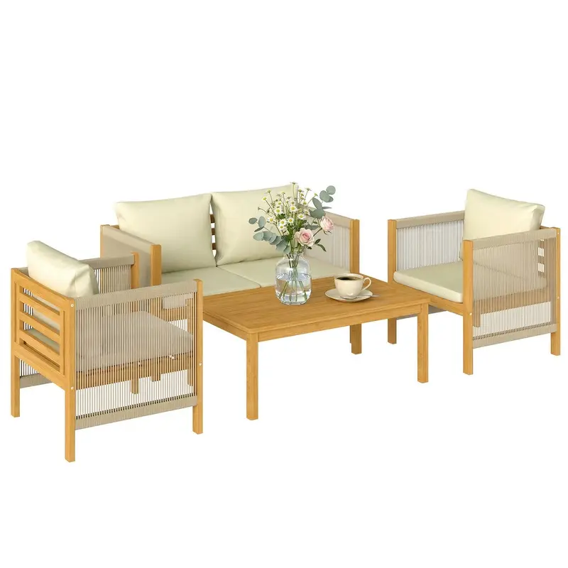 4-Piece Acacia Wood Outdoor Patio Set for 4 — 2-Seater Sofa, 2 Armchairs & Coffee Table, Rope-Weave Slat Design, Washable Cushions, Beige