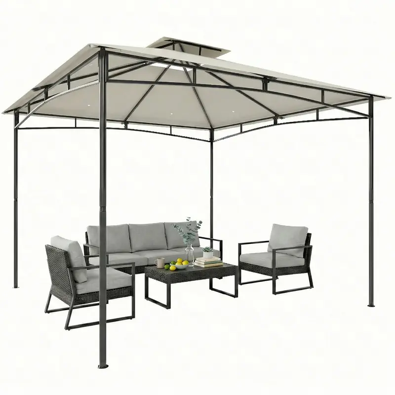 10 ft x 10 ft Waterproof Garden Gazebo — Double Roof, Retractable Top Frame, UPF 50+, Cream White