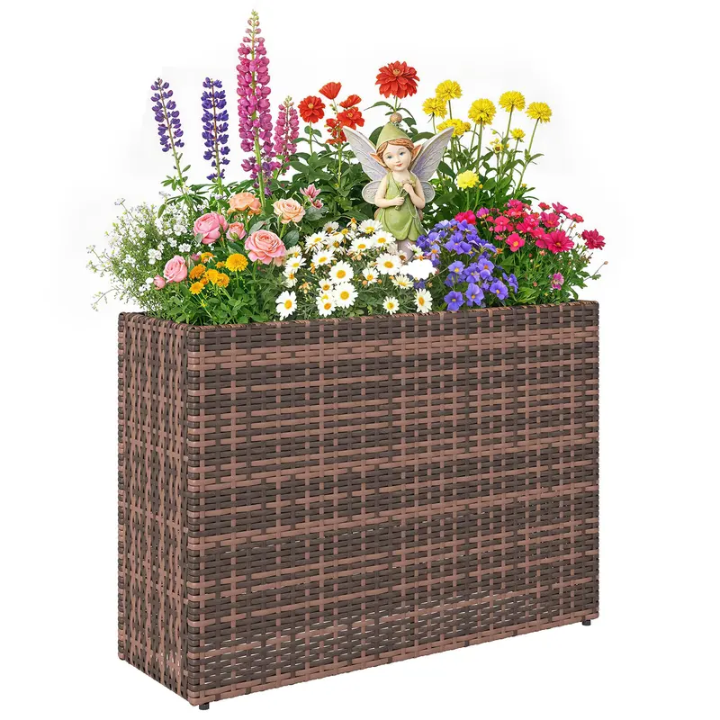Raised Planter with Adjustable Feet for Terrace & Balcony — PE Rattan, Freestanding Steel Frame with Removable Liner, Brown