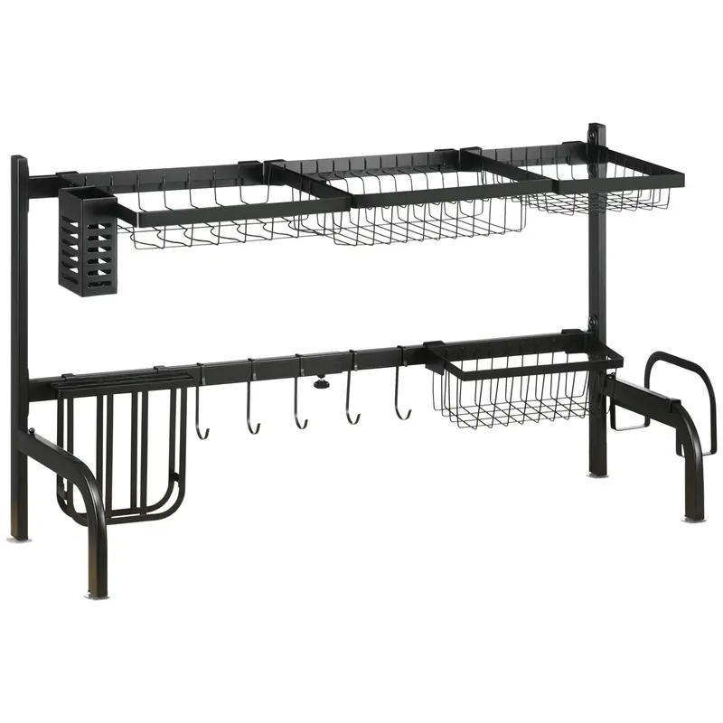 HOMCOM Geschirrabtropfgestell, 2-stufiges Geschirrabtropfgestell, 51-93 cm Geschirrgestell mit Haken, Abtropfgestell für die Küche, Stahl