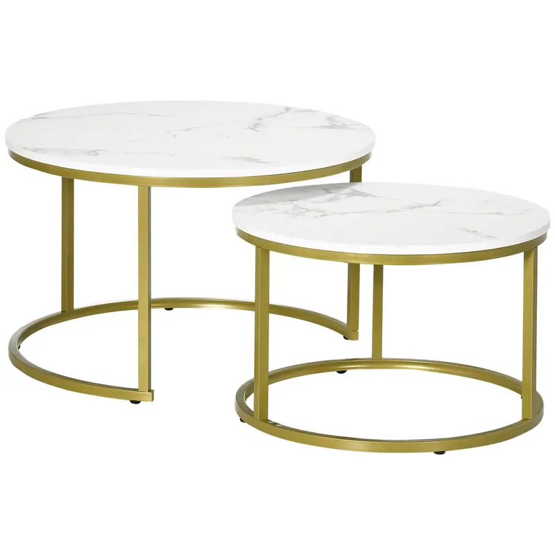 HOMCOM 2-teiliges Couchtischset, runder Beistelltisch, goldener Stahlrahmen, stapelbarer Couchtisch mit Marmorlook, für Wohnzimmer, bis zu 30 kg Tragk