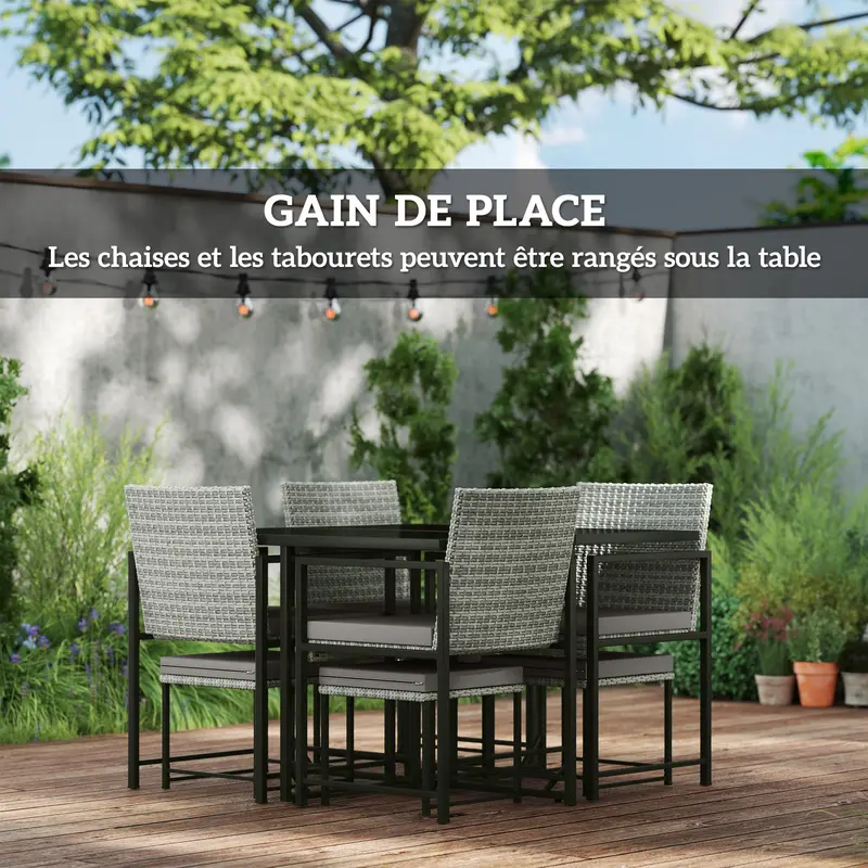 8-Seater Outdoor Rattan Garden Furniture Set, Outdoor Table and Chairs with 4 Armchairs, 4 Stools, Cushions and Tempered Glass Top, for Terrace Patio Balcony, Gray