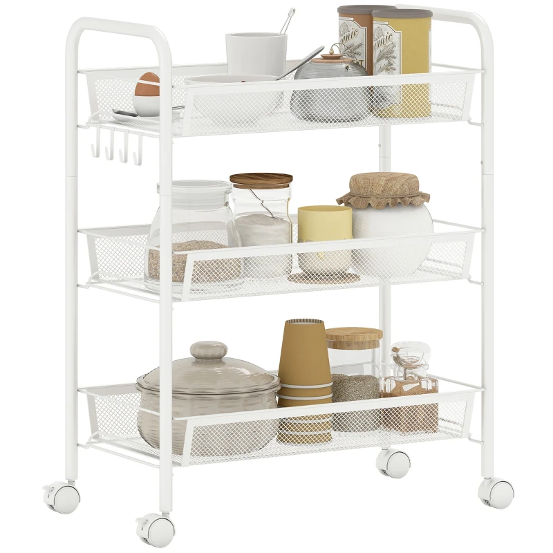 3-Tier Rolling Storage Cart with Removable Baskets & 4 Hooks, Steel Frame, White (17.7 x 10.4 x 24.8 in)