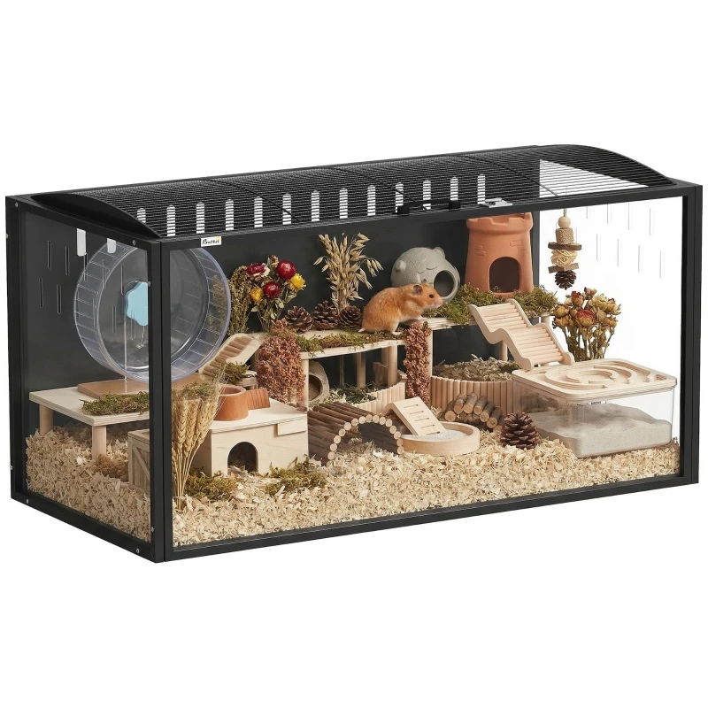 Large Hamster Cage, 105×51×53 cm (41.3×20.1×20.9 in) — Small Rodent Home with Hinged Vented Top, Steel Frame & Clear Acrylic Panels, for Rats & Gerbils, Black