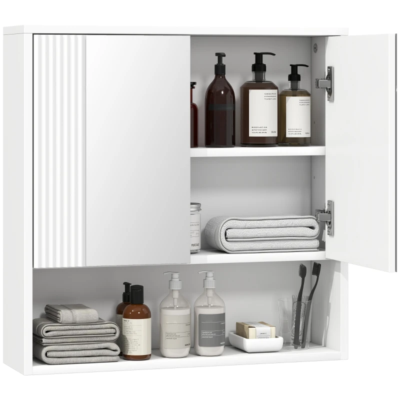 Wall-Mounted Bathroom Cabinet, Modern Floating Bathroom Cabinet with Soft-Close Doors, 2 Mirrored Doors, Open Compartment, Adjustable Shelf, for Living Room & Entryway, Space-Saving, White