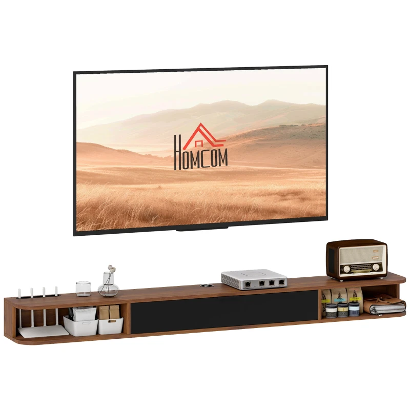 Wall-Mounted TV Cabinet 180 cm (71") – Walnut Finish, Fits up to 75" TVs, Flip-Down Drawer, 2 Open Shelves & Cable Management