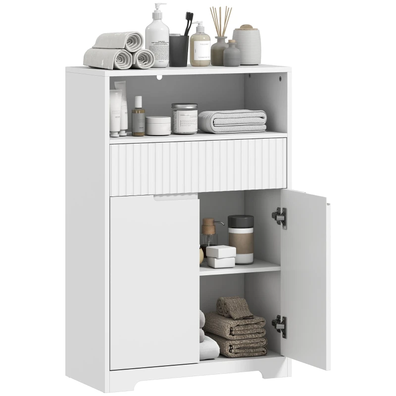 Slim Bathroom Cabinet with Fluted Drawer Front, Open Shelf, 2 Doors & Adjustable Shelf — Modern White (23.6 x 11.8 x 36 in)