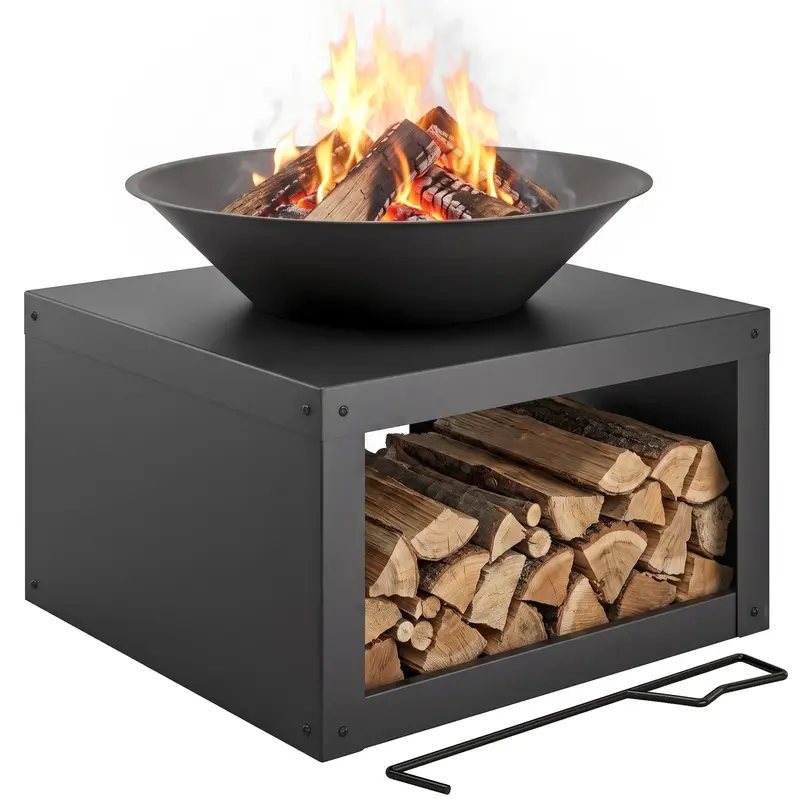 Fire Bowl Ø59 cm – Fire Pit with Wood Shelf and Poker, Suitable for Wood & Charcoal, Stable Round Metal Outdoor Fire Basket for Garden & Patio, Black