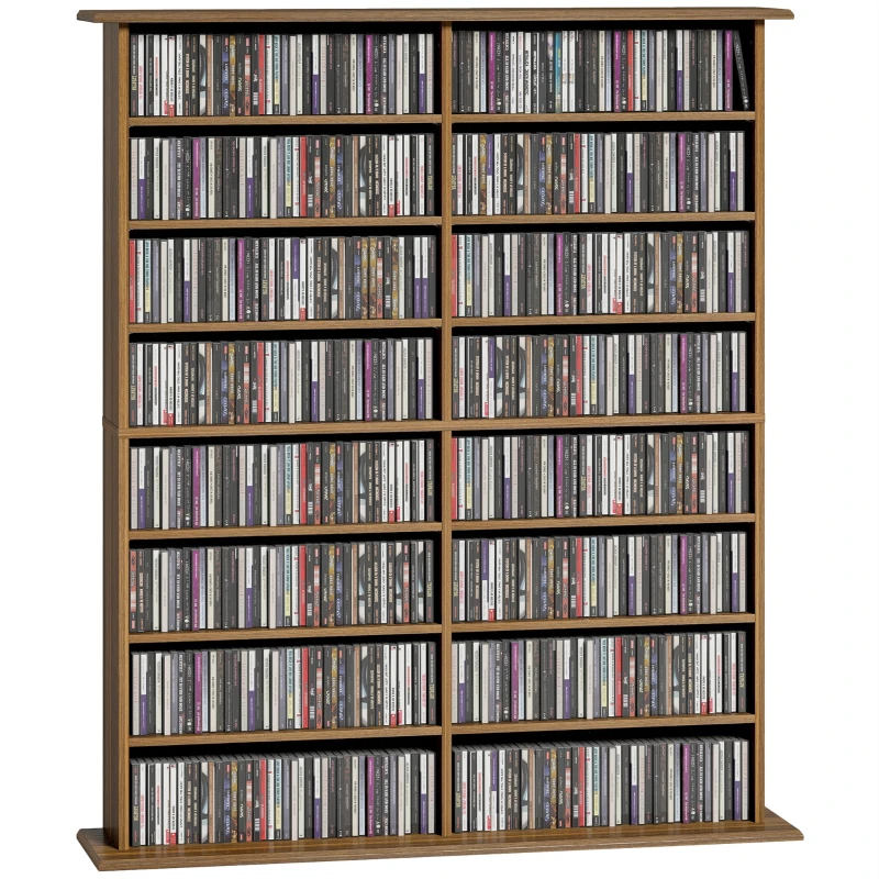 CD & DVD Storage Cabinet, Media Organizer — 720 CD / 396 DVD & Blu-ray Capacity, 16 Compartments, 12 Adjustable Shelves, Walnut