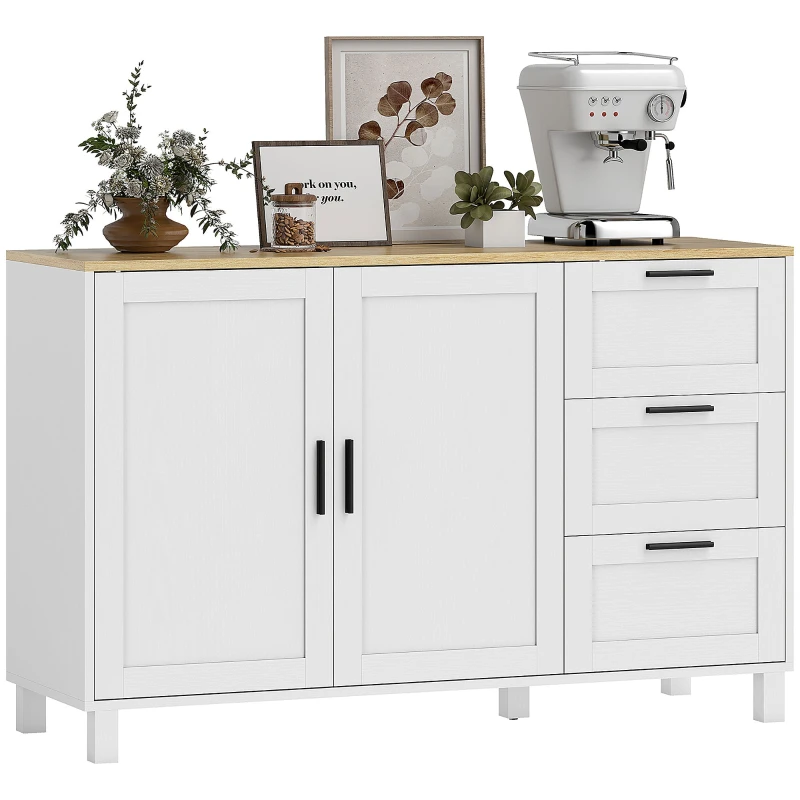 Sideboard with Soft-Close Doors, Modern Storage Cabinet with 3 Drawers, Adjustable Shelf and 5 Legs, Living Room Cabinet 47.2 x 15.0 x 29.9 in, White