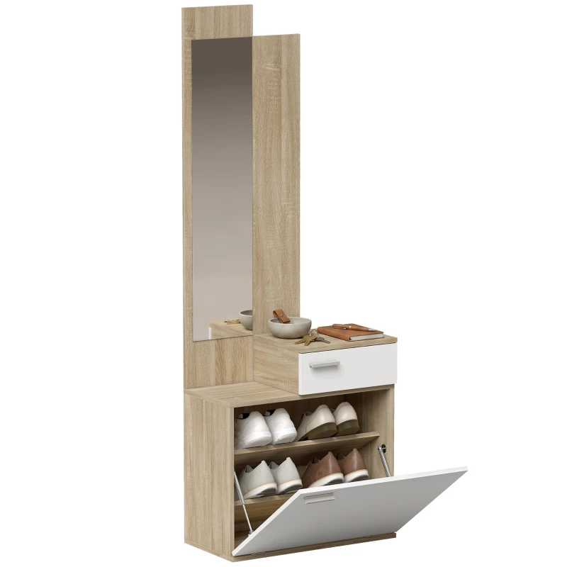 Entryway Unit with Mirror & Flip-Down Shoe Cabinet, 2-Piece Hall Organizer with Seat, Drawer & Small Table, 61 x 30 x 170 cm (24 x 11.8 x 66.9 in), White/Natural